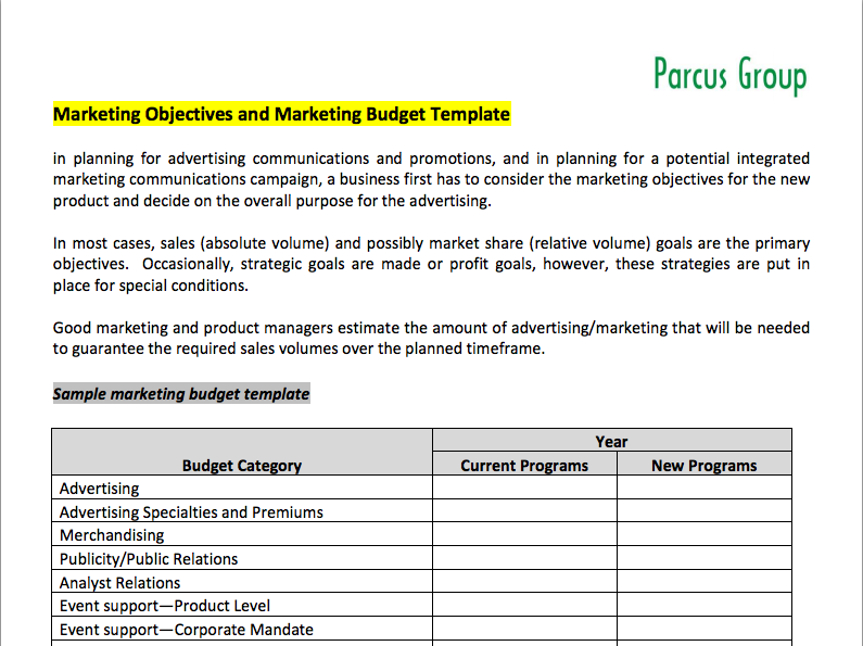 Parcus Group Marketing Objectives and Marketing Budget Template